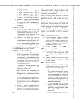 PART 7 CONSTURCTION MANAGEMENT, PRACTICES AND SAFETY 29
Heavy steel sections and bundles shall be
lifted and carried with the help of slings and
tackles and shall not be carried on the
shoulders of the workers.
8.2.14 Aluminium Sections
a) Storage and stacking — Aluminium sections
of different classification, sizes and lengths
shall be stored separately, on a level platform
under cover.
b) Handling — The aluminium sections shall not
be pulled or pushed from the stack nor shall
be slid over each other, to protect the
anodizing layer.
8.2.15 Doors, Windows and Ventilators
a) Storage and stacking — Metal and plastic
doors, windows and ventilators shall be
stacked upright (on their sills) on level ground
preferably on wooden battens and shall not
come in contact with dirt or ashes. If received
in crates they shall be stacked according to
manufacturer’s instructions and removed from
the crates as and when required for the work.
Metal and plastic frames of doors, windows
and ventilators shall be stacked upside down
with the kick plates at the top. These shall not
be allowed to stand for long in this manner
before being fixed so as to avoid the door
frames getting out of shape and hinges being
strained and shutters drooping.
During the period of storage of aluminium
doors, windows and ventilators, these shall be
protected from loose cement and mortar by
suitable covering, such as tarpaulin. The
tarpaulin shall be hung loosely on temporary
framing to permit circulation of air to prevent
moisture condensation.
All timber and other lignocellulosic material
based frames and shutters shall be stored in a
dry and clean covered space away from any
infestation and dampness. The storage shall
preferably be in well-ventilated dry rooms.
The storage shall preferably be in well-
ventilated dry rooms. The frames shall be
stacked one over the other in vertical stacks
with cross battens at regular distances to keep
the stack vertical and straight. These cross
battens should be of uniform thickness and
placed vertically one above the other. The door
shutters shall be stacked in the form of clean
vertical stacks one over the other and at least
80 mm above ground on pallets or suitable
beams or rafters. The top of the stack shall be
covered by a protecting cover and weighted
down by means of scantlings or other suitable
weights. The shutter stack shall rest on hard
and level surface.
If any timber or other lignocellulosic material
based frame or shutter becomes wet during
transit, it shall be kept separate from the
undamaged material. The wet material may
be dried by stacking in shade with battens in
between adjacent boards with free access of
dry air. Separate stacks shall be built up for
each size, each grade and each type of
material. When materials of different sizes,
grades and types are to be stacked in one stack
due to shortage of space, the bigger size shall
be stacked in the lower portion of the stacks.
Suitable pallets or separating battens shall be
kept in between the two types of material.
Precast concrete door and window frames
shall be stored in upright position adopting
suitable measures against risk of subsidence
of soil/support.
b) Handling — While unloading, shifting,
handling and stacking timber or other
lignocellulosic material based, metal and
plastic door and window frames and shutters,
care shall be taken that the pieces are not
dragged one over the other as it may cause
damage to their surface particularly in case of
the decorative shutters. The pieces should be
lifted and carried preferably flat avoiding
damage to corners or sides.
8.2.16 Roofing Materials
8.2.16.1 Roofing sheets shall be stored and stacked in
such a manner as not to damage them in any way.
8.2.16.2 Asbestos cement sheet
a) Storage and stacking — Asbestos cement
sheets shall be stacked horizontally to a height
of not more than 1 m on a firm and level
ground, with timber or other packing beneath
them. If stacked in exposed position, they shall
be protected from damage by wind. Asbestos
cement sheets of same variety and size shall
be stacked together. Damaged sheets shall not
be stacked with sound materials. All damaged
sheets shall be salvaged as early as possible.
b) Handling — Not more than two sheets shall
be first pushed forward along the valley line
say about one fourth of the sheet length and
preferably carried by two workers. Asbestos
cement sheets shall be lowered or raised gently
and not thrown.
Supplied
by
Book
Supply
Bureau
Under
the
License
from
BIS
for
LARSEN
AND
TOUBRO
CONSTRUCTION
-
MANAPAKKAM,
CHENNAI
ON
17-03-2017
09:00:59
(123.63.24.35)
valid
upto31-12-2017
ook Supply Bureau Under the License from BIS for LARSEN AND TOUBRO CONSTRUCTION - MANAPAKKAM, CHENNAI ON 17-03-2017 09:00:59 (123.63.24.35) valid up
 