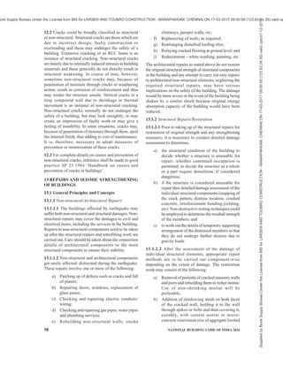 PART 7 CONSTURCTION MANAGEMENT, PRACTICES AND SAFETY 55
10.11 Mechanical Demolition
When demolition is to be performed by mechanical
devices, such as weight ball and power shovels, the
following additional precautions may be observed:
a) The area shall be barricaded for a minimum
distance of 1½ times the height of the wall;
b) While the mechanical device is in operation,
no worker shall be allowed to enter the
building being demolished;
c) The device shall be so located as to avoid
falling debris; and
d) The mechanical device, when being used, shall
not cause any damage to adjacent structure,
power line, etc.
10.12 Demolition of Certain Special Types and
Elements of Structures
10.12.1 Roof Trusses
If a building has a pitched roof, the structure should be
removed to wall plate level by hand methods. Sufficient
purlins and bracing should be retained to ensure stability
of the remaining roof trusses while each individual truss
is removed progressively.
10.12.1.1 Temporary bracing should be added, where
necessary, to maintain stability. The end frame opposite
to the end where dismantling is commenced, or a
convenient intermediate frame should be independently
and securely guyed in both directions before work
starts.
10.12.1.2 On no account should the bottom tie of roof
trusses be cut until the principal rafters are prevented
from making outward movement.
10.12.1.3 Adequate hoisting gears suitable for the loads
shall be provided. If during demolition any thing is to
be put on the floor below the level of the truss, it shall
be ensured that the floor is capable of taking the load.
10.12.2 Heavy Floor Beams
Heavy baulks of timber and steel beams should be
supported before cutting at the extremities and should
then be lowered gently to a safe working place.
10.12.3 Jack Arches
Where tie rods are present between main supporting
beams, these should not be cut until after the arch or
series of arches in the floor have been removed. The
floor should be demolished in strips parallel to the span
of the arch rings (at right angles to the main floor
beams).
10.12.4 Brick Arches
Expert advice should be obtained and, at all stages of
the demolition, the closest supervision should be given
by persons fully experienced and conversant in the type
of work to ensure that the structure is stable at all times.
However, the following points may be kept in view:
a) On no account should the restraining influence
of the abutments be removed before the dead
load of the spandrel fill and the arch rings are
removed.
b) A single span arch can be demolished by hand
by cutting narrow segments progressively
from each springing parallel to the span of the
arch, until the width of the arch has been
reduced to a minimum which can then be
collapsed.
c) Where deliberate collapse is feasible, the
crown may be broken by the demolition ball
method working progressively from edges to
the centre.
d) Collapse of the structure can be affected in
one action by the use of explosives. Charges
should be inserted into bore holes drilled in
both arch and abutments.
e) In multi-span arches, before individual arches
are removed, lateral restraint should be
provided at the springing level. Demolition
may then proceed as for single span; where
explosives are used it is preferable to ensure
the collapse of the whole structure in one
operation to obviate the chance of leaving
unstable portion standing.
10.12.5 Cantilever (Not Part of a Framed Structure)
Canopies, cornices, staircases and balconies should be
demolished or supported before tailing down load is
removed.
10.12.6 In-situ Reinforced Concrete
Before commencing demolition, the nature and
condition of the concrete, the condition and position
of reinforcement, and the possibility of lack of
continuity of reinforcement should be ascertained.
Demolition should be commenced by removing
partitions and external non-load bearing cladding.
10.12.6.1 Reinforced concrete beams
A supporting rope should be attached to the beam. Then
the concrete should be removed from both ends by
pneumatic drill and the reinforcement exposed. The
reinforcement should then be cut in such a way as to
allow the beam to be lowered under control to the floor.
10.12.6.2 Reinforced concrete columns
The reinforcement should be exposed at the base after
restraining wire guy ropes have been placed round the
member at the top. The reinforcement should then be
Supplied
by
Book
Supply
Bureau
Under
the
License
from
BIS
for
LARSEN
AND
TOUBRO
CONSTRUCTION
-
MANAPAKKAM,
CHENNAI
ON
17-03-2017
09:00:59
(123.63.24.35)
valid
upto31-12-2017
ook Supply Bureau Under the License from BIS for LARSEN AND TOUBRO CONSTRUCTION - MANAPAKKAM, CHENNAI ON 17-03-2017 09:00:59 (123.63.24.35) valid up
 