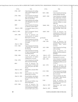 PART 7 CONSTURCTION MANAGEMENT, PRACTICES AND SAFETY 65
project management: Part 8
Communication manage-
ment (under preparation)
(11) 15883 (Part 10) Guidelines for construction
projectmanagement: Part 10
Human resource manage-
ment (under preparation)
(12) 15883 (Part 5) : Guidelines for construction
2013 project management: Part 5
Health and safety manage-
ment
(13) 15883 (Part 11) Guidelines for construction
projectmanagement: Part 11
Sustainability management
(under preparation)
(14) 15883 (Part 12) : Guidelines for construction
2016 projectmanagement: Part 12
Integration management
(15) a) Foundations
1080 : 1985 Code of practice for design
and construction of shallow
foundations on soils (other
than raft, ring and shell)
(second revision)
1904 : 1986 Code of practice for design
and construction of
foundations in soils:
General requirements (third
revision)
2911 Code of practice for design
and construction of pile
foundations
(Part 1/Sec 1) : Concrete piles, Section 1
2010 Driven cast in-situ concrete
piles (second revision)
(Part 1/Sec 2) : Concrete piles, Section 2
2010 Board cast in-situ concrete
piles (second revision)
(Part 1/Sec 3) : Concrete piles, Section 3
2010 Precast driven concrete
piles (second revision)
(Part 1/Sec 4) : Concrete piles, Section 4
2010 Precast concrete piles in
prebored holes (first
revision)
(Part 2) : 1980 Timber piles (first revision)
(Part 3) : 1980 Under-reamed piles (first
revision)
(Part 4) : 2013 Load test on piles (second
revision)
2974 Code of practice for design
and construction of
machine foundations
(Part 1) : 1982 Foundations for reci-
procating type machines
(second revision)
(Part 2) : 1980 Foundations for impact
type machines (hammer
foundations) (first revision)
(Part 3) : 1992 Foundations for rotary type
machines (medium and
high frequency) (second
revision)
(Part 4) :1979 Foundations for rotary type
machines of low frequency
(first revision)
(Part 5) :1987 Foundations for impact
machines other than
hammers forging and
stamping press pig breakers
(drop crusher and jolter)
(first revision)
9456 : 1980 Code of practice for design
and construction of conical
and hyperbolic paraboidal
types of shell foundations
9556 : 1980 Code of practice for design
and construction of
diaphragm walls
12070 : 1987 Code of practice for design
and construction of shallow
foundations on rock
13094 : 1992 Guidelines for selection of
ground improvement
techniques for foundation
in weak soils
14593 : 1998 Design and construction of
bored cast-in-situ piles
founded on rocks —
Guidelines
15284 Design and construction for
ground improvement:
(Part 1) : 2003 Stone columns
(Part 2) : 2004 Preconsolidation using
vertical drains
b) Masonry
IS No. Title
1597 Code of practice for
construction of stone
masonry
(Part 1) : 1992 Rubble stone masonry (first
revision)
IS No. Title IS No. Title
Supplied
by
Book
Supply
Bureau
Under
the
License
from
BIS
for
LARSEN
AND
TOUBRO
CONSTRUCTION
-
MANAPAKKAM,
CHENNAI
ON
17-03-2017
09:00:59
(123.63.24.35)
valid
upto31-12-2017
ook Supply Bureau Under the License from BIS for LARSEN AND TOUBRO CONSTRUCTION - MANAPAKKAM, CHENNAI ON 17-03-2017 09:00:59 (123.63.24.35) valid up
 