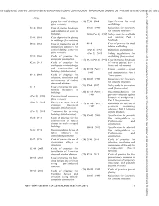 68 NATIONAL BUILDING CODE OF INDIA 2016
2700 : 1987 Code of practice for roofing
with wooden shingles (first
revision)
2792 : 1964 Code of practice for design
and construction of stone
slab over joist floor
2858 : 1984 Code of practice for roofing
with Mangalore tiles (first
revision)
3007 Code of practice for laying
of asbestos cement sheets
(Part 1) : 1999 Corrugated sheets (first
revision)
(Part 2) : 1999 Semi-corrugated sheets
(first revision)
3670 : 1989 Code of practice for
construction of timber
floors (first revision)
5119 Code of practice for laying
and fixing of sloped roof
coverings
(Part 1) : 1968 Slating
5318 : 1969 Code of practice for laying
of flexible PVC sheet and
tile flooring
5389 : 1969 Code of practice for laying
of hard wood parquet and
wood block floors
5390 : 1984 Code of practice for
construction of timber
ceilings (first revision)
5766 : 1970 Code of practice for laying
burnt clay brick flooring
6061 Code of practice for
construction of floor and
roof with joists and filler
blocks
(Part 1) : 1971 With hollow concrete filler
blocks
(Part 2) : 1981 With hollow clay filler
blocks (first revision)
(Part 3) : 1981 Precast hollow clay blocks
joists and hollow clay filler
blocks
(Part 4) : 1981 With precast hollow clay
block slab panels
6332 : 1984 Code of practice for
construction of floors and
roofs using precast doubly-
curved shell units (first
revision)
9472 : 1980 Code of practice for laying
mosaic parquet flooring
10297 : 1982 Code of practice for design
and construction of floors
and roofs using precast
reinforced/prestressed
concrete ribbed or cored
slab units
10440 : 1983 Code of practice for
construction of reinforced
brick and RBC floors and
roofs
10505 : 1983 Code of practice for
construction of floors and
roofs using precast concrete
waffle units
g) Finishes
IS No. Title
1346 : 1991 Code of practice for
waterproofing of roofs with
bitumen felts (third
revision)
1414 : 1989 Code of practice for fixing
wall coverings
1477 Code of practice for
painting of ferrous metals in
buildings
(Part 1) : 1971 Pretreatment (first revision)
(Part 2) : 1971 Painting (first revision)
1609 : 1991 Code of practice for laying
damp-proofing treatment
using bitumen felts (second
revision)
1661 : 1972 Code of practice for
application of cement and
cement lime plaster finishes
(first revision)
2114 : 1984 Code of practice for laying
in-situ terrazzo floor finish
(first revision)
2115 : 1980 Code of practice for flat-
roof finish : Mud Phuska
(second revision)
2338 Code of practice for
finishing of wood and wood
based materials
(Part 1) : 1967 Operations and work-
manship
(Part 2) : 1967 Schedules
IS No. Title IS No. Title
Supplied
by
Book
Supply
Bureau
Under
the
License
from
BIS
for
LARSEN
AND
TOUBRO
CONSTRUCTION
-
MANAPAKKAM,
CHENNAI
ON
17-03-2017
09:00:59
(123.63.24.35)
valid
upto31-12-2017
ook Supply Bureau Under the License from BIS for LARSEN AND TOUBRO CONSTRUCTION - MANAPAKKAM, CHENNAI ON 17-03-2017 09:00:59 (123.63.24.35) valid up
 