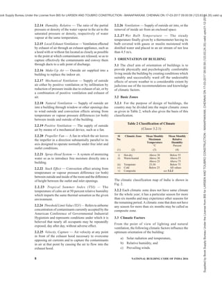 PART 8 BUILDING SERVICES — SECTION 1 LIGHTING AND NATURAL VENTILATION 5
NATIONAL BUILDING CODE OF INDIA
PART 8 BUILDING SERVICES
Section 1 Lighting and Natural Ventilation
1 SCOPE
1.1 This Code (Part 8/Section 1) covers requirements
and methods for lighting and natural ventilation of
buildings.
1.2 The provisions in respect of lighting and ventilation
in sustainable buildings are covered in Part 11
‘Approach to Sustainability’ of the Code which shall
be used in conjunction with this Section.
1.3 For all buildings and facilities open to and used by
the public, including all forms of public housing by the
government/civic bodies and private developers,
adequate lighting and ventilation for barrier free access
and movement within and around buildings by elderly
and persons with disabilities shall be ensured in
accordance with 13 of Part 3 ‘Development Control
Rules and General Building Requirements’ of the Code.
2 TERMINOLOGY
For the purpose of this Section, the definitions given
below shall apply.
2.1 Lighting
2.1.1 Altitude (θ) — The angular distance of any point
of celestial sphere, measured from the horizon, on the
great circle passing through the body and the zenith
(see Fig. 1).
2.1.2 Azimuth (Φ) — The angle measured between
meridians passing through the north point and the point
in question (point C in Fig. 1).
2.1.3 Brightness Ratio or Contrast — The variations
or contrast in brightness of the details of a visual task,
such as white print on blackboard.
2.1.4 Candela (cd) — The SI unit of luminous intensity.
Candela = 1 lumen per steradian
2.1.5 Central Field — The area of circle around the
point of fixation and its diameter, subtending an angle
of about 2° at the eye. Objects within this area are most
critically seen in both their details and colour.
2.1.6 Clear Design Sky — The distribution of
luminance of such a sky is non-uniform; the horizon is
brighter than the zenith, and when Lz is the brightness
at zenith, the brightness at an altitude (θ) in the region
away from the sun, is given by the expression:
Lθ = Lz cosec θ (for 15°  θ ≤ 90°)
Lθ = Lz cosec 15° (for 0° ≤ θ ≤ 15°) = 3.863 7 Lz
2.1.7 Colour Rendering Index (CRI) — Measure of
the degree to which the psychophysical colour of an
object illuminated by the test illuminant conforms to
that of the same object illuminated by the reference
illuminant, suitable allowance having been made for
the state of chromatic adaptation.
2.1.8 Correlated Colour Temperature (CCT) (K) —
The temperature of the Planckian radiator whose
perceived colour most closely resembles that of a given
stimulus at the same brightness and under specified
viewing conditions.
2.1.9 Daylight Area — The superficial area on the
working plane illuminated to not less than a specified
daylight factor, that is, the area within the relevant
contour.
2.1.10 Daylight Factor — The measure of total
daylight illuminance at a point on a given plane
expressed as the ratio (or percentage) which the
illuminance at the point on the given plane bears to the
simultaneous illuminance on a horizontal plane due to
clear design sky at an exterior point open to the whole
sky vault, direct sunlight being excluded.
2.1.11 Daylight Penetration — The maximum distance
to which a given daylight factor contour penetrates into
a room.
2.1.12 Direct Solar Illuminance — The illuminance
from the sun without taking into account the light from
the sky.
REFERENCES
O – Observer’s station S – Geographical south
C – Celestial body E – Geographical east
Z – Zenith W – Geographical west
NA – Nadir N – Geographical north
FIG. 1 ALTITUDE AND AZIMUTH OF A
CELESTIAL BODY
Supplied
by
Book
Supply
Bureau
Under
the
License
from
BIS
for
LARSEN
AND
TOUBRO
CONSTRUCTION
-
MANAPAKKAM,
CHENNAI
ON
17-03-2017
09:00:59
(123.63.24.35)
valid
upto31-12-2017
ook Supply Bureau Under the License from BIS for LARSEN AND TOUBRO CONSTRUCTION - MANAPAKKAM, CHENNAI ON 17-03-2017 09:00:59 (123.63.24.35) valid up
 