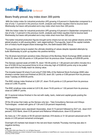 Bears finally prevail, key index down 300 points
 With the Indian index for industrial production (IIP) growing 4.8 percent in September compared to a
rise of only 1.3 percent in the previous month, analysts said Indian equities tried to bounce back
Wednesday but bears still prevailed and a key index shed more than 300 points.

 With the Indian index for industrial production (IIP) growing 4.8 percent in September compared to a
rise of only 1.3 percent in the previous month, analysts said Indian equities tried to bounce back
Wednesday but bears still prevailed and a key index shed more than 300 points.

'The better industrial production figures brought some cheers but we are now global citizens and the
global situation is still causing jitters,' said Jagannadham Thunuguntla, head of the capital markets
arm of India's fourth largest share brokerage firm, the Delhi-based SMC Group.

Thunuguntla was trying to explain the ultimate shedding of values despite repeated attempts by
bulls Wednesday to push up equities into positive territory.

The 30-share benchmark sensitive index (Sensex) of the Bombay Stock Exchange (BSE) ended at
9,536.33, down 303.36 points or 3.08 percent from its previous close Tuesday at 9,839.69 points.

The Sensex opened weak at 9,683.75, down 155.94 points or 1.58 percent and within minutes hit a
low of 9,559.33 but recovered thrice to hit an intra-day high of 9,928.60 points only to be pulled
down each time to finally reach its closing value.

The broader-based 50 share S and amp;P CNX Nifty of the National Stock Exchange (NSE) also
showed a similar trend and finished at 2912.55, down 26.1 points or 0.89 percent from its previous
close Tuesday at 2938.65 points.

The BSE midcap index finished at 3,281.27, down 75.43 points or 2.25 percent from its previous
close at 3,356.70 points.

The BSE smallcap index ended at 3,813.38, down 74.63 points or 1.92 percent from its previous
close at 3,888.01 points.

All 13 sectoral indices finished in the red with realty, bank, metal and capital goods posting the
biggest losses.

Of the 30 scrips that make up the Sensex only two - Tata Consultancy Services and Infosys
Technologies - ended with gains of 1.04 and 0.29 percent respectively.

The biggest losers were Jaiprakash Associates, down 9.13 percent followed by DLF Ltd., down 8.61
percent, ICICI Bank, down 8.35 percent and Reliance Infrastructure, down 6.53 percent.

As many as 1,701 stocks or 65.55 percent declined, 818 stocks or 31.52 percent advanced and 76
stocks or 2.93 percent remained unchanged.

Overnight US markets had closed in the red and Asian markets Thursday morning was also in
negative territory.
Page 1/2
© Copyright 2006 India PRwire Pvt. Ltd. All Rights Reserved.
India PRwire disclaims any content contained in press releases published on IndiaPRwire.com. Issuers of press releases are solely responsible for the
accuracy of their content.
 