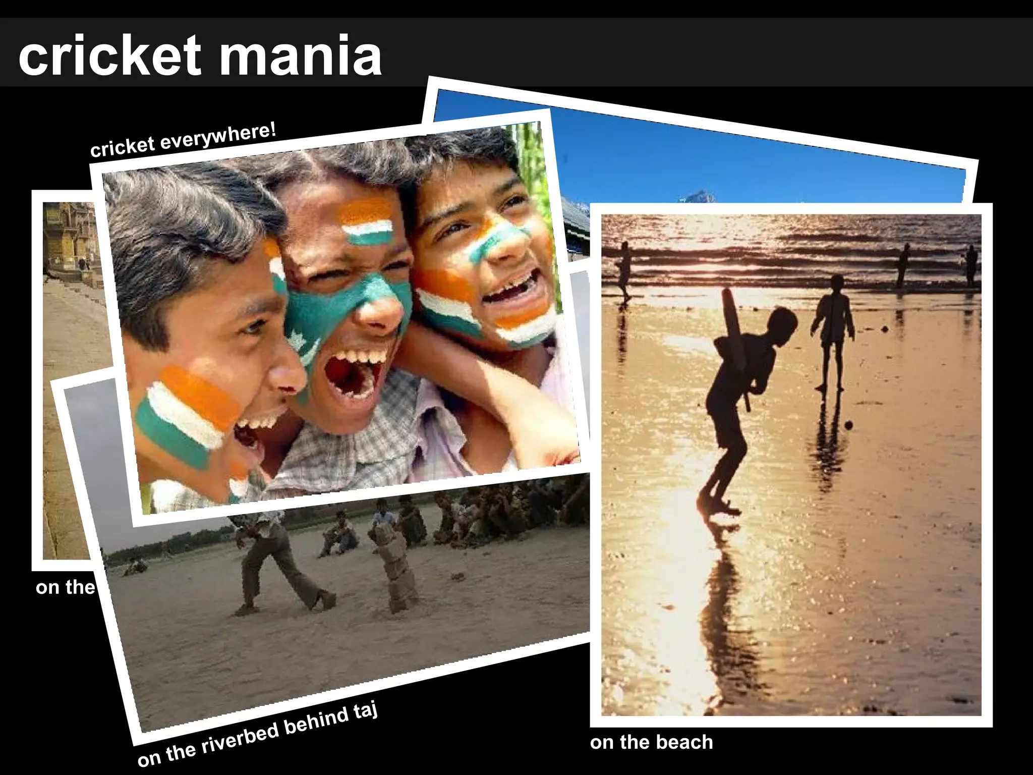 on the ghats of varanasi
in peaks of himalayas
on the riverbed behind taj
on the beach
cricket everywhere!
cricket mania
 