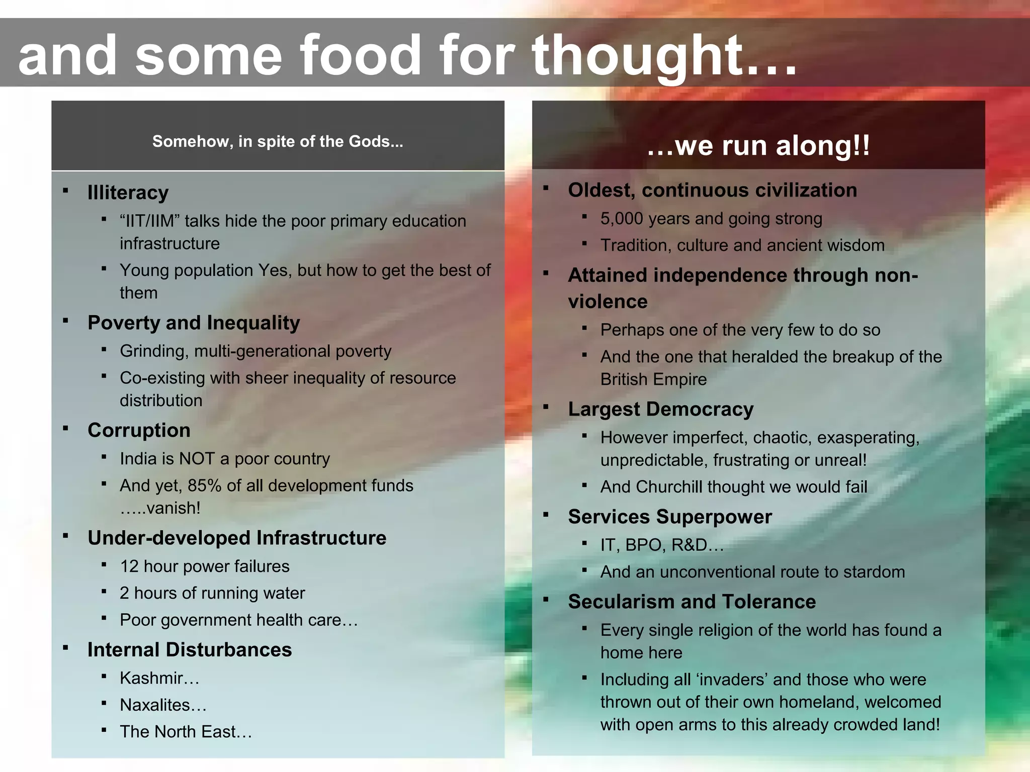 and some food for thought…
 Oldest, continuous civilization
 5,000 years and going strong
 Tradition, culture and ancient wisdom
 Attained independence through non-
violence
 Perhaps one of the very few to do so
 And the one that heralded the breakup of the
British Empire
 Largest Democracy
 However imperfect, chaotic, exasperating,
unpredictable, frustrating or unreal!
 And Churchill thought we would fail
 Services Superpower
 IT, BPO, R&D…
 And an unconventional route to stardom
 Secularism and Tolerance
 Every single religion of the world has found a
home here
 Including all ‘invaders’ and those who were
thrown out of their own homeland, welcomed
with open arms to this already crowded land!
 Illiteracy
 “IIT/IIM” talks hide the poor primary education
infrastructure
 Young population Yes, but how to get the best of
them
 Poverty and Inequality
 Grinding, multi-generational poverty
 Co-existing with sheer inequality of resource
distribution
 Corruption
 India is NOT a poor country
 And yet, 85% of all development funds
…..vanish!
 Under-developed Infrastructure
 12 hour power failures
 2 hours of running water
 Poor government health care…
 Internal Disturbances
 Kashmir…
 Naxalites…
 The North East…
…we run along!!Somehow, in spite of the Gods...
 