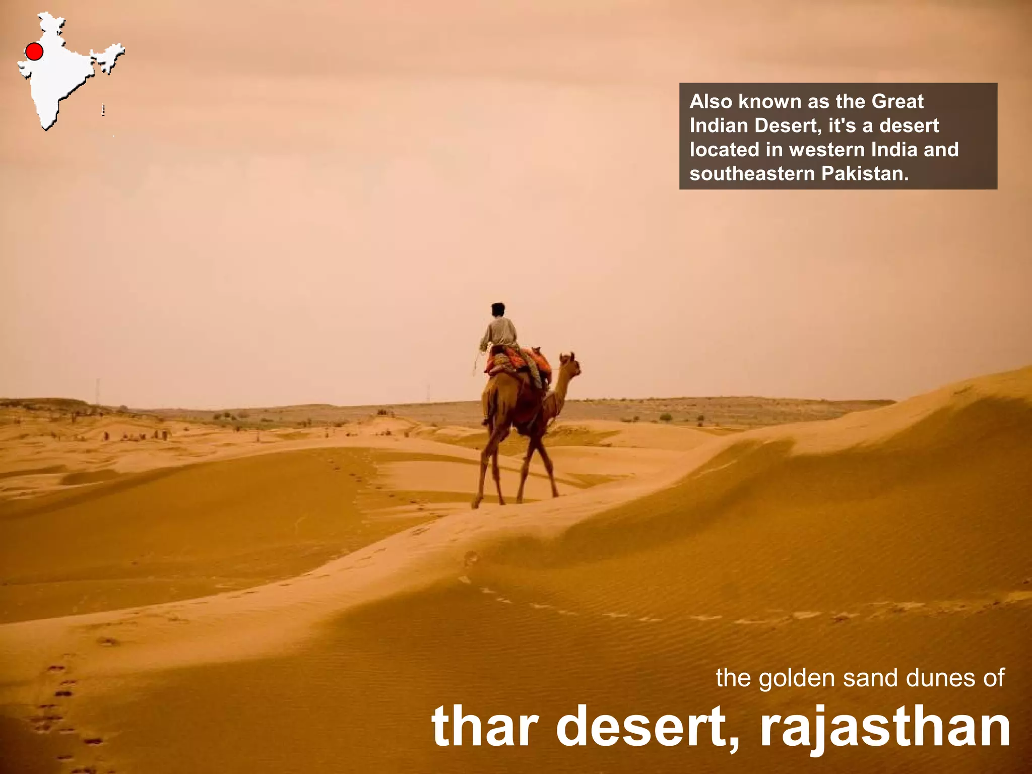 thar desert, rajasthan
the golden sand dunes of
Also known as the Great
Indian Desert, it's a desert
located in western India and
southeastern Pakistan.
 