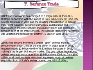 Defense relationship has emerged as a major pillar of India-U.S.
strategic partnership with the signing of ‘New Framework for India-U.S.
defense Relations’ in 2005 and the resulting intensification in defense
trade, joint exercises, personnel exchanges, collaboration and
cooperation in maritime security and counter-piracy, and exchanges
between each of the three services. The Defense Framework Agreement
was updated and renewed for another 10 years in June 2015.
India has become the world’s largest “open” defense market,
accounting for about 10% of the $63 billion in global sales in 2013. It
imported nearly $2 billion worth of U.S. military hardware in 2013,
making it the largest U.S. export market. The two nations have signed
defense contracts worth more than $9 billion since 2008, up from $500
million in all previous years combined. Aggregate worth of defense
acquisition from U.S. defense has crossed over US$ 13 billion.
 