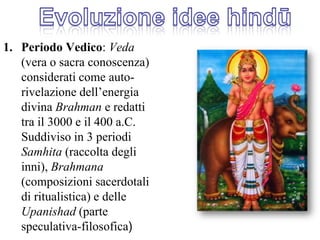 Evoluzione idee hindūPeriodo Vedico: Veda (vera o sacra conoscenza) considerati come auto-rivelazione dell’energia divina Brahman e redatti tra il 3000 e il 400 a.C. Suddiviso in 3 periodi Samhita (raccolta degli inni), Brahmana (composizioni sacerdotali di ritualistica) e delle Upanishad (parte speculativa-filosofica)