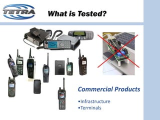 What is Tested?




       Commercial Products
       •Infrastructure
       •Terminals
 