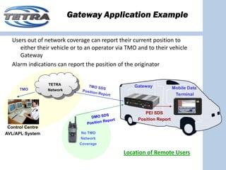 Gateway Application Example

  Users out of network coverage can report their current position to 
     either their vehicle or to an operator via TMO and to their vehicle 
     Gateway
  Alarm indications can report the position of the originator


                  TETRA                            Gateway
      TMO         Network                                             Mobile Data
                                                                       Terminal



                                                       PEI SDS
                                                    Position Report
 Control Centre
AVL/APL System                 No TMO
                              Network
                              Coverage

                                              Location of Remote Users
 