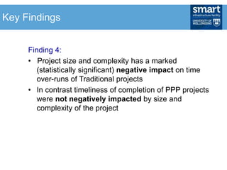 Finding 4:
• Project size and complexity has a marked
(statistically significant) negative impact on time
over-runs of Traditional projects
• In contrast timeliness of completion of PPP projects
were not negatively impacted by size and
complexity of the project
Key Findings
 