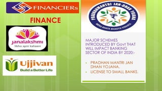 FINANCE
MAJOR SCHEMES
INTRODUCED BY Govt THAT
WILL IMPACT BANKING
SECTOR OF INDIA BY 2020:-
 PRADHAN MANTRI JAN
DHAN YOJANA.
 LICENSE TO SMALL BANKS.
 