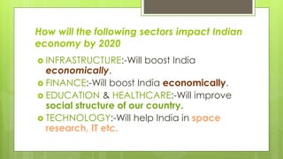 How will the following sectors impact Indian
economy by 2020
 INFRASTRUCTURE:-Will boost India
economically.
 FINANCE:-Will boost India economically.
 EDUCATION & HEALTHCARE:-Will improve
social structure of our country.
 TECHNOLOGY:-Will help India in space
research, IT etc.
 