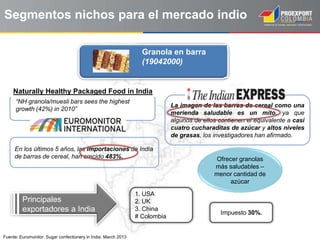 Fuente: Euromonitor. Sugar confectionery in India. March 2013
Granola en barra
(19042000)
En los últimos 5 años, las importaciones de India
de barras de cereal, han crecido 483%.
“NH granola/muesli bars sees the highest
growth (42%) in 2010”
Naturally Healthy Packaged Food in India
Segmentos nichos para el mercado indio
La imagen de las barras de cereal como una
merienda saludable es un mito, ya que
algunos de ellos contienen el equivalente a casi
cuatro cucharaditas de azúcar y altos niveles
de grasas, los investigadores han afirmado.
Ofrecer granolas
más saludables –
menor cantidad de
azúcar
Impuesto 30%.
1. USA
2. UK
3. China
# Colombia
Principales
exportadores a India
 