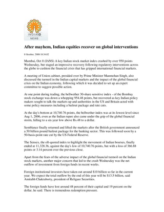 IndiaAid_Oct 8, 2008_After mayhem, Indian equities recover on global interventions