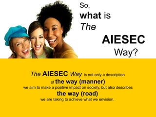 So,
                                what is
                                The
                                             AIESEC
                                                    Way?

   The AIESEC Way is not only a description
         of the way (manner)
we aim to make a positive impact on society, but also describes
                   the way (road)
         we are taking to achieve what we envision.
 