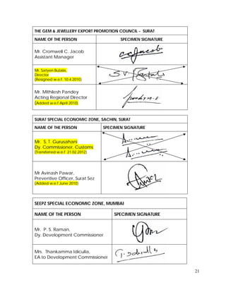 21
THE GEM & JEWELLERY EXPORT PROMOTION COUNCIL - SURAT
NAME OF THE PERSON SPECIMEN SIGNATURE
Mr. Cromwell C. Jacob
Assistant Manager
Mr. Satyen Butala,
Director
(Resigned w.e.f. 10.4.2010)
Mr. Mithilesh Pandey
Acting Regional Director
(Added w.e.f April 2010)
SURAT SPECIAL ECONOMIC ZONE, SACHIN, SURAT
NAME OF THE PERSON SPECIMEN SIGNATURE
Mr. S. T. Gurusahani
Dy. Commissioner, Customs
(Transferred w.e.f 21.02.2012)
Mr Avinash Pawar,
Preventive Officer, Surat Sez
(Added w.e.f June 2010)
SEEPZ SPECIAL ECONOMIC ZONE, MUMBAI
NAME OF THE PERSON SPECIMEN SIGNATURE
Mr. P. S. Raman,
Dy. Development Commissioner
Mrs. Thankamma Idiculla,
EA to Development Commissioner
 