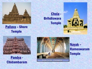 Pallava – Shore
Temple
Chola -
Brihdiswara
Temple
Pandya -
Chidambaram
Nayak –
Rameswaram
Temple
 