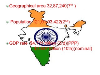 Geographical area 32,87,240(7th )
 Population 121,01,93,422(2nd)
GDP rate $4.711 trillion (3rd)(PPP)
$1.947 trillion (10th)(nominal)
 