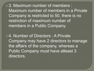3. Maximum number of members :
Maximum number of members in a Private
Company is restricted to 50, there is no
restriction of maximum number of
members in a Public Company.
4. Number of Directors : A Private
Company may have 2 directors to manage
the affairs of the company, whereas a
Public Company must have atleast 3
directors.
 