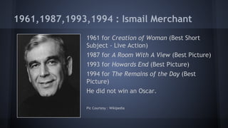 1961,1987,1993,1994 : Ismail Merchant
1961 for Creation of Woman (Best Short
Subject - Live Action)
1987 for A Room With A View (Best Picture)
1993 for Howards End (Best Picture)
1994 for The Remains of the Day (Best
Picture)
He did not win an Oscar.
Pic Courtesy : Wikipedia

 