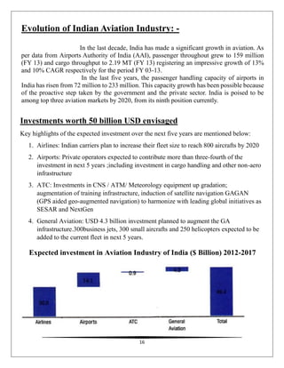 16
Evolution of Indian Aviation Industry: -
In the last decade, India has made a significant growth in aviation. As
per data from Airports Authority of India (AAI), passenger throughout grew to 159 million
(FY 13) and cargo throughput to 2.19 MT (FY 13) registering an impressive growth of 13%
and 10% CAGR respectively for the period FY 03-13.
In the last five years, the passenger handling capacity of airports in
India has risen from 72 million to 233 million. This capacity growth has been possible because
of the proactive step taken by the government and the private sector. India is poised to be
among top three aviation markets by 2020, from its ninth position currently.
Investments worth 50 billion USD envisaged
Key highlights of the expected investment over the next five years are mentioned below:
1. Airlines: Indian carriers plan to increase their fleet size to reach 800 aircrafts by 2020
2. Airports: Private operators expected to contribute more than three-fourth of the
investment in next 5 years ;including investment in cargo handling and other non-aero
infrastructure
3. ATC: Investments in CNS / ATM/ Meteorology equipment up gradation;
augmentation of training infrastructure, induction of satellite navigation GAGAN
(GPS aided geo-augmented navigation) to harmonize with leading global initiatives as
SESAR and NextGen
4. General Aviation: USD 4.3 billion investment planned to augment the GA
infrastructure.300business jets, 300 small aircrafts and 250 helicopters expected to be
added to the current fleet in next 5 years.
Expected investment in Aviation Industry of India ($ Billion) 2012-2017
 
