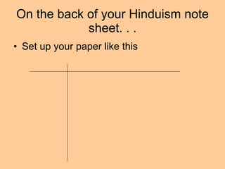 On the back of your Hinduism note sheet. . . Set up your paper like this 