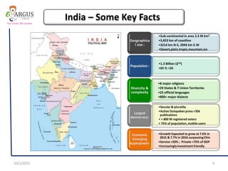 10/1/2015 4
•Sub-continental in area 3.3 M km2
•5,653 km of coastline
•3214 km N-S, 2944 km E-W
•Desert,plain,tropic,mountain,ice
Geographica
l size :
•1.3 Billion (2nd)
•65 % <35
Population :
•8 major religions
•29 States & 7 Union Territories
•22 official languages
•800+ major dialects
Diversity &
complexity
•Secular & plurality
•Active Outspoken press >35k
publications
• > 800 M registered voters
• 75% of population, mobile users
Largest
democracy:
•Growth Expected to grow at 7.6% in
2015 & 7.7% in 2016 surpassingChin
•Service >50% ; Private =75% of GDP
•Increasinglyinvestment friendly
Economic
Emerging
Superpower:
India – Some Key Facts
 