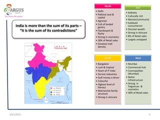 North
• Delhi
• Political seat &
capital
• Agrarian
• Cult of landed
gentry
• Flamboyant &
flashy
• Strong in cosmetics
• 28% of Retail sales
• Greatest mall
density
East
• Kolkatta
• Culturally rich
• Marxist/communist
• Subdued
consumerism
• Discreet wealth
• Strong in skincare
• 8% of Retail sales
• Largely untapped
10/1/2015 6
South
• Bangalore
• Lush & tropical
• Heart of IT India
• Service industries
• Gulf money a driver
• Colourful
• Highest level of
literacy
• Matriarchal family
structure
• Strong in skincare
West
• Mumbai
• Commercial hub
• Cosmopolitan
(Mumbai)
• Better
infrastructure
• Strong in
fragrances &
cosmetics
• 40% of Retail sales
India is more than the sum of its parts –
“it is the sum of its contradictions”
 