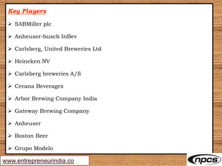 Key Players
 SABMiller plc
 Anheuser-busch InBev
 Carlsberg, United Breweries Ltd
 Heineken NV
 Carlsberg breweries A/S
 Cerana Beverages
 Arbor Brewing Company India
 Gateway Brewing Company
 Anheuser
 Boston Beer
 Grupo Modelo
www.entrepreneurindia.co
 