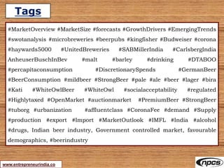 Tags
www.entrepreneurindia.co
#MarketOverview #MarketSize #forecasts #GrowthDrivers #EmergingTrends
#swotanalysis #microbreweries #beerpubs #kingfisher #Budweiser #corona
#haywards5000 #UnitedBreweries #SABMillerIndia #CarlsbergIndia
AnheuserBuschInBev #malt #barley #drinking #DTABOO
#percapitaconsumption #DiscretionarySpends #GermanBeer
#BeerConsumption #mildbeer #StrongBeer #pale #ale #beer #lager #bira
#Kati #WhiteOwlBeer #WhiteOwl #socialacceptability #regulated
#Highlytaxed #OpenMarket #auctionmarket #PremiumBeer #StrongBeer
#tuborg #urbanization #affluentclass #CoronaFee #demand #Supply
#production #export #Import #MarketOutlook #IMFL #India #alcohol
#drugs, Indian beer industry, Government controlled market, favourable
demographics, #beerindustry
 