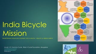 India Bicycle
MissionTRANSFORMING INDIAN SUB CONTINENT INTO A HEALTHY - WEALTHY & VIBRANT HABITAT
Murali H R, Namma Cycle , Ride A Cycle Foundation, Bangalore
murali@nammacycle.in
www.nammacycle.in
99450 66612
 