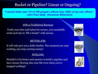 Bucket or Pipeline? Linear or Ongoing? “ I would rather earn 1% of 100 people’s efforts than 100% of my own efforts” - John Paul Getty  (American Billionaire) JOB or Traditional Business Trade your time and talent for money, you essentially work each day to "fill a bucket" with money. BETTER JOB: It will only give you a fuller bucket. The moment you stop working, you stop earning money! PIPELINE: Wouldn't it be better and smarter to build a pipeline and have money flowing into your life even when you've stopped working? 