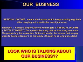 OUR  BUSINESS The other factors that come to mind are   Capital Risk Employees ( People ) Infra Structure ( Place ) Time Market Skill Rs. 5000/-  ~ Rs. 6000/-  ( Rs. 6000/-  Best package ) NIL ( 90 day money  back period ) NIL ( Only 1 Boss which is YOU ) From Home Spare / Part Time  ( 4 hrs / week ) Already existing in 92 countries Provided by  BRITT WORLD WIDE The Potential of our Business in terms of Income  6 months ~ 2 years     Rs. 55,000/- per month 2 years  ~ 5 years     Rs. 1 ~ 3 Lakhs per month Income being RESIDUAL or ROYALTY MONEY RESIDUAL INCOME : means the income which keeps coming regularly after carrying out a particular event just once. Example  :  Famous Singer Kishore Kumar gets a RESIDUAL INCOME  ( ROYALTY MONEY ) for a particular song that he has sung just once. We people buy his cassettes. Quite obviously, the money that we pay goes to Kishore Kumar ( or his family ) though he is long gone dead. LOOK WHO IS TALKING ABOUT OUR BUSINESS?? 