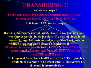 FRANSHISING  !! Lets take an example !!! There are many franchisees around town !!  A few of them are BATA, NIIT, APTECH, KFC, etc. Lets take BATA as an example !!!! So he opened franchisees in different cities !! To expose his products to everyone in different cities !! To leverage his time and increase his time !! Of course, he made a good name of “BATA” brand ! But he had limitation on available space, time of just 24 hrs a day and was restricted to 1 city !  BATA, a shoe store, started in Calcutta ! He worked hard and was very successful in his business ! He was making a lot of money through his business and as any other business man would, he too, wanted to expand his business !!  BATA BATA BATA BATA BATA BATA BATA Bangalore Bombay Chennai Hyderabad Ahmedabad Delhi 