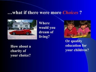 … what if there were more  Choices  ? Where would you dream of living? How about a charity of your choice? Or quality education for your children? 