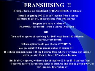 FRANSHISING !!
In Simple terms, we can describe FRANCHISING as follows :
Instead of getting 100 % of our Income from 1 source
We strive to get 1% of our income from 100 sources
Which option would you choose ?? WHY ??
Suppose you have a salary of
Rs.10,000/- per month from 1 source ( your job )
You had an option of receiving Rs. 100/- each from 100 different
sources, every month.
OR
You are right !!! The second option of course !!!
It is sheer common sense !! If the 1 source from where we receive our income
seizes to exist, then we lose 100% of our Income.
But in the 2nd
option, we have a lot of security !! Even if 10 sources from
where we receive our income seizes to exist, we still end up getting 90% of
our Income. Interesting ??
 