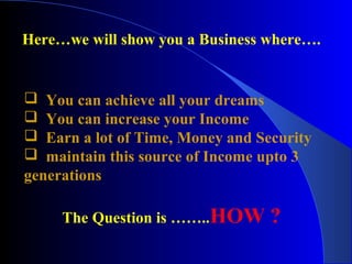 Here…we will show you a Business where….
 You can achieve all your dreams
 You can increase your Income
 Earn a lot of Time, Money and Security
 maintain this source of Income upto 3
generations
The Question is ……..HOW ?
 