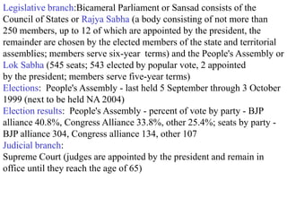 Legislative branch:Bicameral Parliament or Sansad consists of the
Council of States or Rajya Sabha (a body consisting of not more than
250 members, up to 12 of which are appointed by the president, the
remainder are chosen by the elected members of the state and territorial
assemblies; members serve six-year terms) and the People's Assembly or
Lok Sabha (545 seats; 543 elected by popular vote, 2 appointed
by the president; members serve five-year terms)
Elections: People's Assembly - last held 5 September through 3 October
1999 (next to be held NA 2004)
Election results: People's Assembly - percent of vote by party - BJP
alliance 40.8%, Congress Alliance 33.8%, other 25.4%; seats by party -
BJP alliance 304, Congress alliance 134, other 107
Judicial branch:
Supreme Court (judges are appointed by the president and remain in
office until they reach the age of 65)
 