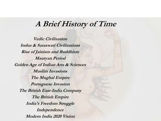 A Brief History of Time
Vedic Civilization
Indus & Saraswati Civilizations
Rise of Jainism and Buddhism
Mauryan Period
Golden Age of Indian Arts & Sciences
Muslim Invasions
The Mughal Empire
Portuguese Invasion
The British East-India Company
The British Empire
India's Freedom Struggle
Independence
Modern India 2020 Vision
 