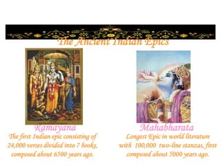 The Ancient Indian Epics
Ramayana Mahabharata
Longest Epic in world literature
with 100,000 two-line stanzas, first
composed about 5000 years ago.
The first Indian epic consisting of
24,000 verses divided into 7 books,
composed about 6500 years ago.
 