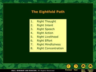 The Eightfold Path

1.   Right   Thought
2.   Right   Intent
3.   Right   Speech
4.   Right   Action
5.   Right   Livelihood
6.   Right   Effort
7.   Right   Mindfulness
8.   Right   Concentration
 