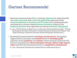 Gartner Recommends!
 Business-outcome-driven EA is a practical approach to supporting EA
that starts and ends with a focus on delivering signature-ready
recommendations to business and IT leaders for adjusting policies
and projects to achieve target business outcomes, based on the
business direction that capitalizes on relevant business disruptions
 (see "EA Practitioners Must Focus on Outcome-Oriented Deliverables," "Define
the Business Outcome Statement to Guide Enterprise Architecture Efforts" and
"Stage Planning a Business-Outcome-Driven Enterprise Architecture").
 By putting business direction (strategy and operations),disruptions
(opportunities and risks) and outcomes first in developing EA
signature-ready guidance and actions, chief enterprise architects will
become empowered to drive enterprise change, deliver high-impact
value and lead the business forward in a competitive environment
 (see "Enterprise Architecture Leaders Focus on Business Impact").
Quoted from MEGA
 