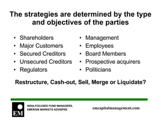 The strategies are determined by the type and objectives of the parties Shareholders Major Customers Secured Creditors Unsecured Creditors Regulators Management Employees Board Members Prospective acquirers Politicians Restructure, Cash-out, Sell, Merge or Liquidate? 