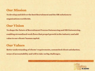 Our Mission
To develop and deliver the best Recruitment and the HR solutions to

organizations worldwide.


Our Vision
To shape the future of Recruitment Process Outsourcing and HR Outsourcing ,

enabling streamlined work flows that propel growth in the industry and add

value to our clients' human capital.


Our Values
Better understanding of clients' requirements, unmatched client satisfaction,

sense of accountability and will to take on big challenges.
 