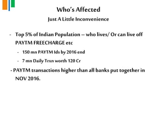 Who„sAffected
JustA LittleInconvenience
- Top5% of IndianPopulation – who lives/Or can live off
PAYTM FREECHARGEetc
- 150 mnPAYTM Ids by2016 end
- 7mn Daily Trxn worth 120 Cr
- PAYTMtransactions higherthan all banks put together in
NOV 2016.
 