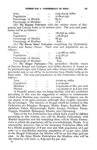 SCHEME FOR A 'CONFEDERACY OF INDIA' 177
Area . . . . . .
7,42,173 sq, miles
Population .. .. 21,60,41,541
Percentage of Hindus . .
83.72
Percentage of Muslims . . n.o
.
(iii) The Rajistan Federation with the various states of Raj-
putana and Central India as its federal units. The area and popu-
lation will be as follows:
Area . . . . . .
180,656 sq. miles
Population .. .. 1,78,58,502
Percentage of Hindus . .
86.39
Percentage of Muslims . .
8.09 .
(iv) The Deccan States
9
Federation comprising the Hyderabad,
Mysore, and Bastar States. Their area and population are as
follows:
Area .
5
. . . . ,
1,25,086 sq. miles
Population .. .. 2,15,18,171
Percentage of Hindus . .
85.82
Percentage of Muslims . .
8.90
(v) The Bengal Federation The promiifent Muslim tracts
of Eastern Bengal and Goalpara and Sylhet districts of Assam as
its provincial injits and Tripura and other States lying within the
provincial unit or cut off by its territories from Hindu India as its
State units. The area and population of this Federation will be as
follows :
Area . . . . . .
70,000 sq. miles
Population . . . .
3,10,00,000
Muslims . . . . . .
2,05,00,000 or 66.1 per cent
Hindus .. .. .. 1,01,00,000 or 32.6 per cent
'A Punjabi' admits that not being familiar with the conditions
prevailing in this area his suggestion is subject to adjustments
which local Muslims may consider necessary. His figures, too, do
not appear to be quite accurate, although they roughly represent
the percentages. The districts of Bengal which he includes in this
Federation are Dinajpur, Rangpur, Malda, Bogra, Rajshahi, Mur-
shidabad, Pabna, Mymensingh, Nadia, Jessore, Faridpur, Dacca,
Tippera, Noakhali, Bakarganj, Khulna, and Chittagong.
'
Thus of the five Federations into which India would be dmded
according to this scheme, two will be Muslim Federations with
Muslim majorities and the remaining three will be Hindu Federa-
tions in which the population will be overwhelmingly Hindu. It is
noteworthy, however, that in the Indusstan Federation tftere will
be a Hindu population of 8 per cent and Sikh population of 6 per
cent or a non-Muslim minority population of 14 per cent ;
while
in the Bengal Federation the Hindus will be no less than 32.6 per
cent. In the three Hindu Federations the Muslims who will be
the minority will form n, 8.09 and 8.9 per cent.
12
 