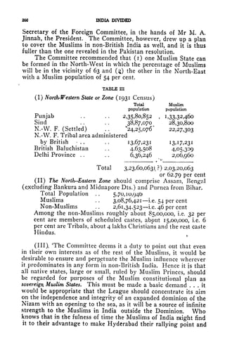 200 INDIA DIVIDED
Secretary of the Foreign Committee, in the hands of Mr M. A.
Jinnah, the President. The Committee, however, drew up a plan
to cover the Muslims in non-British India as well, and it is thus
fuller than the one revealed in the Pakistan resolution.
The Committee recommended that (i) one Muslim State can
be formed in the North-West in which the percentage of Muslims
will be in the vicinity of 63 and (3) the other in the North-East
with a Muslim population of 54 per cent.
TABLE III
(I) North-Western State or Zone (1931 Census)
Total Muslim
population population
Punjab .. .. 2,35,80,852 , 1,33.32,460
Sind . . . .
38,87,070^ 28,30,800
N.-W. F. (Settled) . .
"24,25,076^ 22,27,303
N.-VV. F. Tribal area administered
by British >
. . . .
13.67,231 13,17,231
British Baluchistan . .
4,63,508 4,05,309
Delhi Province . . . .
6,36,246 2,06,960
Total 3.23,60,063 (?) 2,03,20,063
or 62.79 per cent
(II) The North-Eastern Zone should comprise Assam, Bengal
(excluding Bankura and Midnapore Dts.) and Purnea from Bihar.
Total Population .. 5,70,10,940
Muslims . .
3,08,76,4211.6. 54 per cent
Non-Muslims . .
2,61,34,5231.0. 46 per cent
Among the non-Muslims roughly about 85,00,000, i.e. 32 per
cent are members of scheduled castes, about 15,00,000, i.e. 6
per cent are Tribals, about 4 lakhs Christians and the rest caste
Hindus. .
(Ill), The Committee deems it a duty to point out that even
in their own interests as of the rest of the Muslims, it would be
desirable to ensure and perpetuate the Muslim influence wherever
it predominates in any form in non-British India. Hence it is that
all native states, large or small, ruled by Muslim Princes, should
be regarded for purposes of the Muslim constitutional plan as
sovereign Muslim States. This must be made a basic demand ... it
would be appropriate that the League should concentrate its aim
on the independence and integrity of an expanded dominion of the
Nizam with an opening to the sea, as it will be a source of infinite
strength to the Muslims in India outside the Dominion. Who
knows that in the fulness of time the Muslims of India might find
it to their advantage to make Hyderabad their rallying point and
 