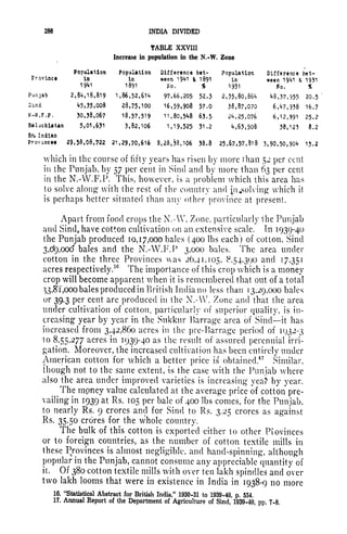 INDIA DIVIDED
TABLE XXVIII
Increase in population in the N.-W. Zone
Br> Indian
Provinces 29,58,08,722 21,29,70,616 8,28,38,106 38.8 25, 67, 57, 81 8 3,90,50,904 15.2
which in the course of fifty years has risen by more than 52 per cent
in the Punjab, by 57 per cent in Sind and by more than 63 per cent
in the N.-W.F.P. This, however, is a problem which this area has
to solve along* with the rest of the country and involving which it
is perhaps better situated than any other province at present.
Apart from food crops the N.-W. Zone, particularly the Punjab
and Sind, have cotton cultivation on an extensive scale. Tn 1939-40
the Punjab produced 10,17,000 bales (400 Ibs each) of cotton, Sind
3,d(),ood bales and the N.-W.F.P 3,000 bales. The area under
cotton in the three Provinces Aas 26,41,105, 54,390 and 17,351
acres respectively.
16
The importance of this crop which is a money
crop will become apparent when it is remembered that out of a total
33,81,000 bales produced in British India no less than 13,29,000 bales
or 39.3 per cent are produced in the N.-W. Zone and that the area
under cultivation of cotton, particularly of superior quality, is in-
creasing year by year in the Sukkur Barrage area of Sind it has
increased from 3,42,860 acres in the pre-Barrage period of 1932-3
to 8,55,277 acres in 1939-40 as the result of assured perennial irri-
gation. Moreover, the increased cultivation has been entirely under
American cotton for which a better price is obtained.
17
Similar,
though not to the same extent, is the case with the Punjab where
also the area under improved varieties is
increasing yea? by year.
The mpney value calculated at the average price of cotton pre-
vailing in 1939 at Rs. 105 per bale of 400 Ibs comes, for the Punjab,
to nearly Rs. 9 crores and for Sind to Rs. 3.25 crorcs as against
Rs. 35.50 crores for the whole country.
The bulk of this cotton is exported either to other Provinces
or to foreign countries, as the number of cotton textile mills in
these Provinces is almost negligible, and hand-spinning, although
popular in the Punjab, cannot consume any appreciable quantity of
it. Of 380 cotton textile mills with over ten lakh spindles and over
two lakh looms that were in existence in India in 1938-9 no more
16. "Statistical Abstract for British India/' 1930-31 to 1939-40, p. 554,
17. Annual Report of the Department of Agriculture of Sind, 1939-40, pp. 7-8.
 
