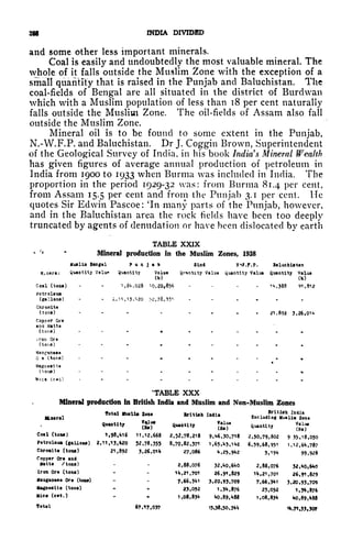 288 INDIA DIVIDED
and some other less important minerals.
Coal is easily and undoubtedly the most valuable mineral The
whole of it falls outside the Muslim Zone with the exception of a
small quantity that is raised in the Punjab and Baluchistan. The
coal-fields of Bengal are all situated in the district of Burdwan
which with a Muslim population of less than 18 per cent naturally
falls outside the Muslim Zone. The oil-fields of Assam also fall
outside the Muslim Zone.
Mineral oil is to be found to some extent in the Punjab,
N.-W.F.P. and Baluchistan. Dr J. Coggin Brown, Superintendent
of the Geological Survey of India, in his book India s Mineral Wealth
has given figures of average annual production of petroleum in
India from 1900 to 1933 when Burma was included in India, The
proportion in the period 1929-32 was: from Burma 81.4 per cent,
from Assam 15.5 per cent and from the Punjab 3.1 per cent. He
quotes Sir Edwin Pascoe: 'In many parts of the Punjab, however,
and in the Baluchistan area the rock fields have been too deeply
truncated by agents of denudation or have been dislocated by earth
TABLE XXIX
c l "
Mineral production in the Muslim Zones, 1938
tfuAlia Btngal Punjab Sind N-tf.f.P. BaluehUtan
Mineral Quantity Vslu* Quantity Value qi'intity Value quantity Value Quantity Value
(te) (8s)
Coal (ton*) - -
1,8*, 028 "0,20,656 - -
^,388 91 4 &12
Petroleum
(gellona) - -
.11, 13, '+30 >2,73,"5^> - -
Chromite
(tone) - ,. . , .
21,892 J,26,01*
Copper Ore
and" Matte
(tone) _ __.
iron Ore
(tons)
Manganese
* (tone)
Magueai te
(ton*)
TABLE XXX
Mineral production in British India and Muslim and Non-Muslim Zones
67.17,037 15,38,50,3**
 