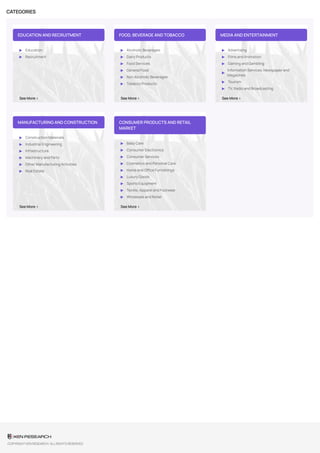 CATEGORIES
EDUCATION AND RECRUITMENT
▶ Education
▶ Recruitment
See More >
FOOD, BEVERAGE AND TOBACCO
▶ Alcoholic Beverages
▶ Dairy Products
▶ Food Services
▶ General Food
▶ Non Alcoholic Beverages
▶ Tobacco Products
See More >
MEDIA AND ENTERTAINMENT
▶ Advertising
▶ Films and Animation
▶ Gaming and Gambling
▶
Information Services, Newspaper and
Magazines
▶ Tourism
▶ TV, Radio and Broadcasting
See More >
MANUFACTURING AND CONSTRUCTION
▶ Construction Materials
▶ Industrial Engineering
▶ Infrastructure
▶ Machinery and Parts
▶ Other Manufacturing Activities
▶ Real Estate
See More >
CONSUMER PRODUCTS AND RETAIL
MARKET
▶ Baby Care
▶ Consumer Electronics
▶ Consumer Services
▶ Cosmetics and Personal Care
▶ Home and Office Furnishings
▶ Luxury Goods
▶ Sports Equipment
▶ Textile, Apparel and Footwear
▶ Wholesale and Retail
See More >
COPYRIGHT KEN RESEARCH. ALL RIGHTS RESERVED
 